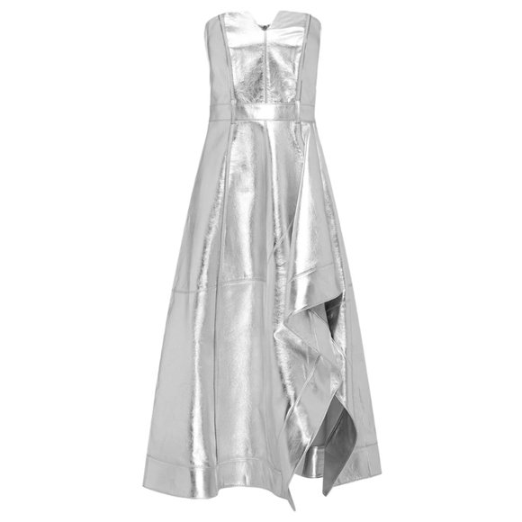 LEO LIN SILVER METALLIC SYBIL LEATHER BUSTIER MIDI DRESS - Picture 1 of 4